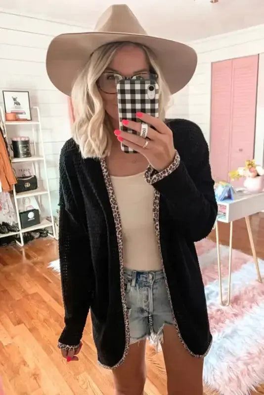 Black Leopard Trim Waffle Knit Open Front Cardigan - Fashionfitz