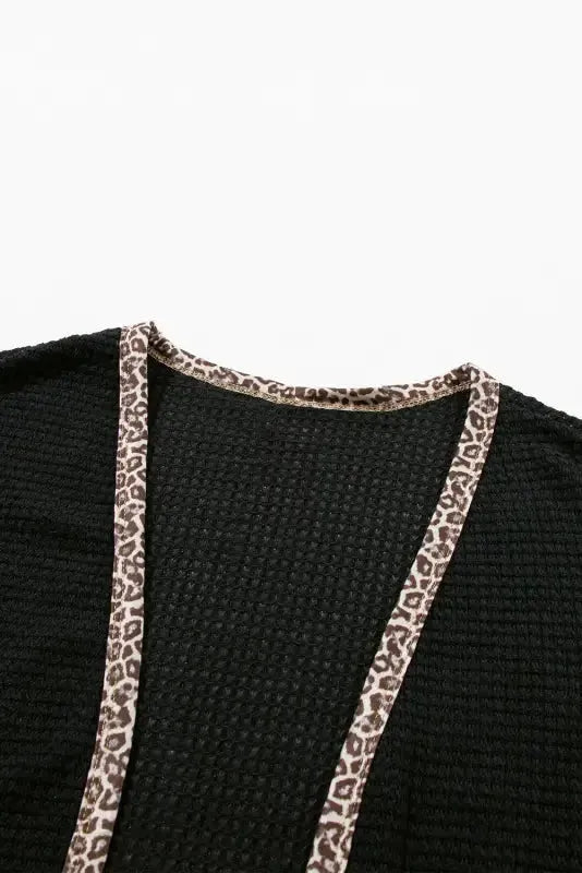 Black Leopard Trim Waffle Knit Open Front Cardigan - Fashionfitz