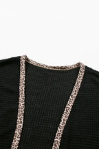 Black Leopard Trim Waffle Knit Open Front Cardigan - Fashionfitz
