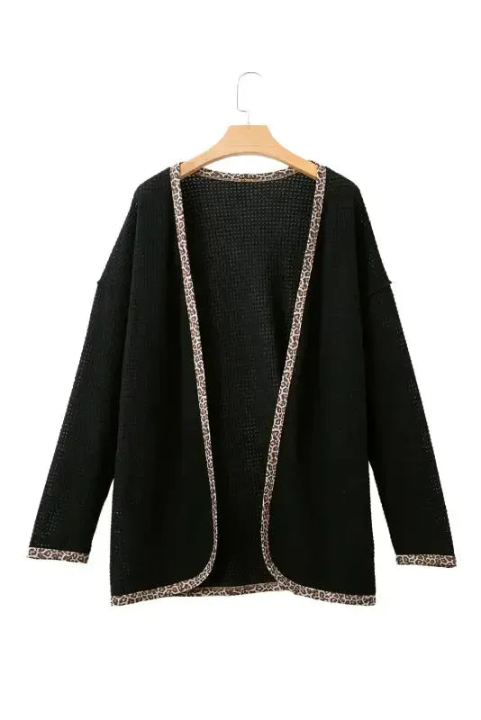 Black Leopard Trim Waffle Knit Open Front Cardigan - Fashionfitz