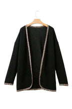 Black Leopard Trim Waffle Knit Open Front Cardigan - Fashionfitz