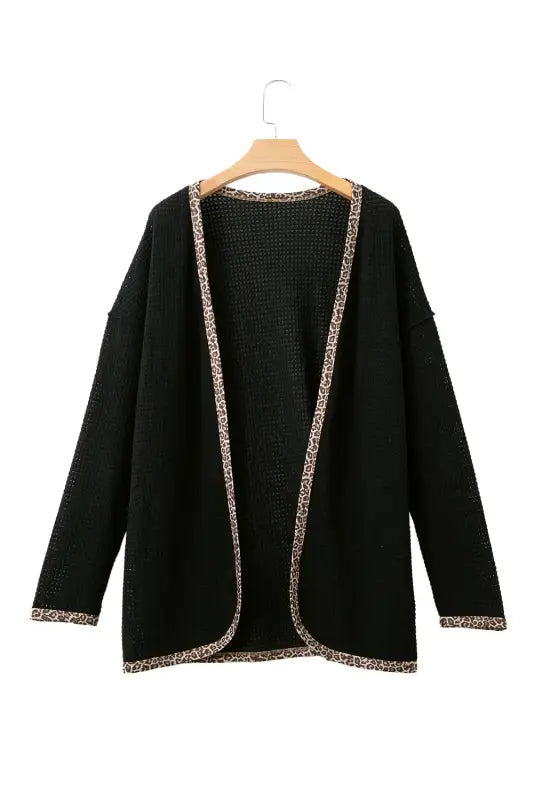 Black leopard contrast waffle knit open front cardigan - tops