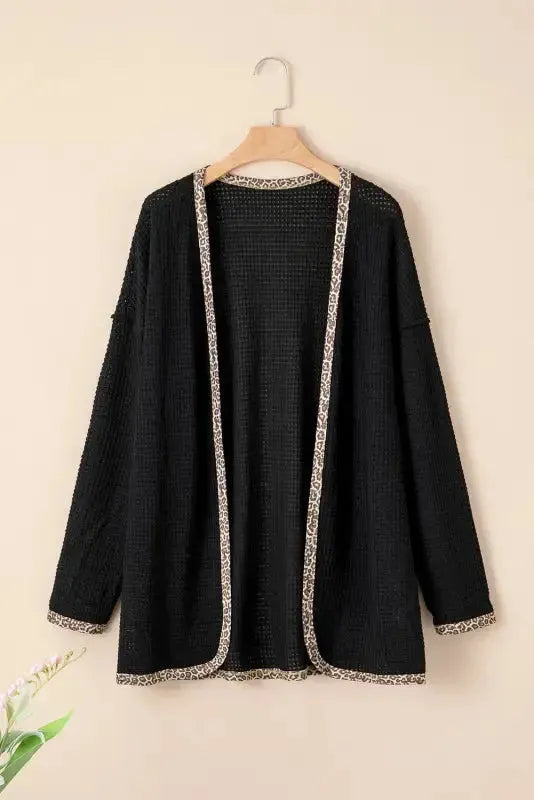 Black Leopard Trim Waffle Knit Open Front Cardigan - Fashionfitz