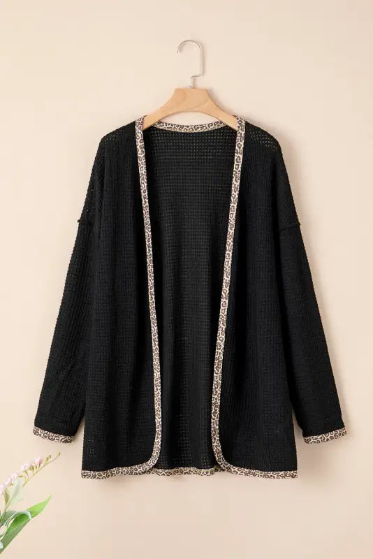 Black leopard contrast waffle knit open front cardigan - tops