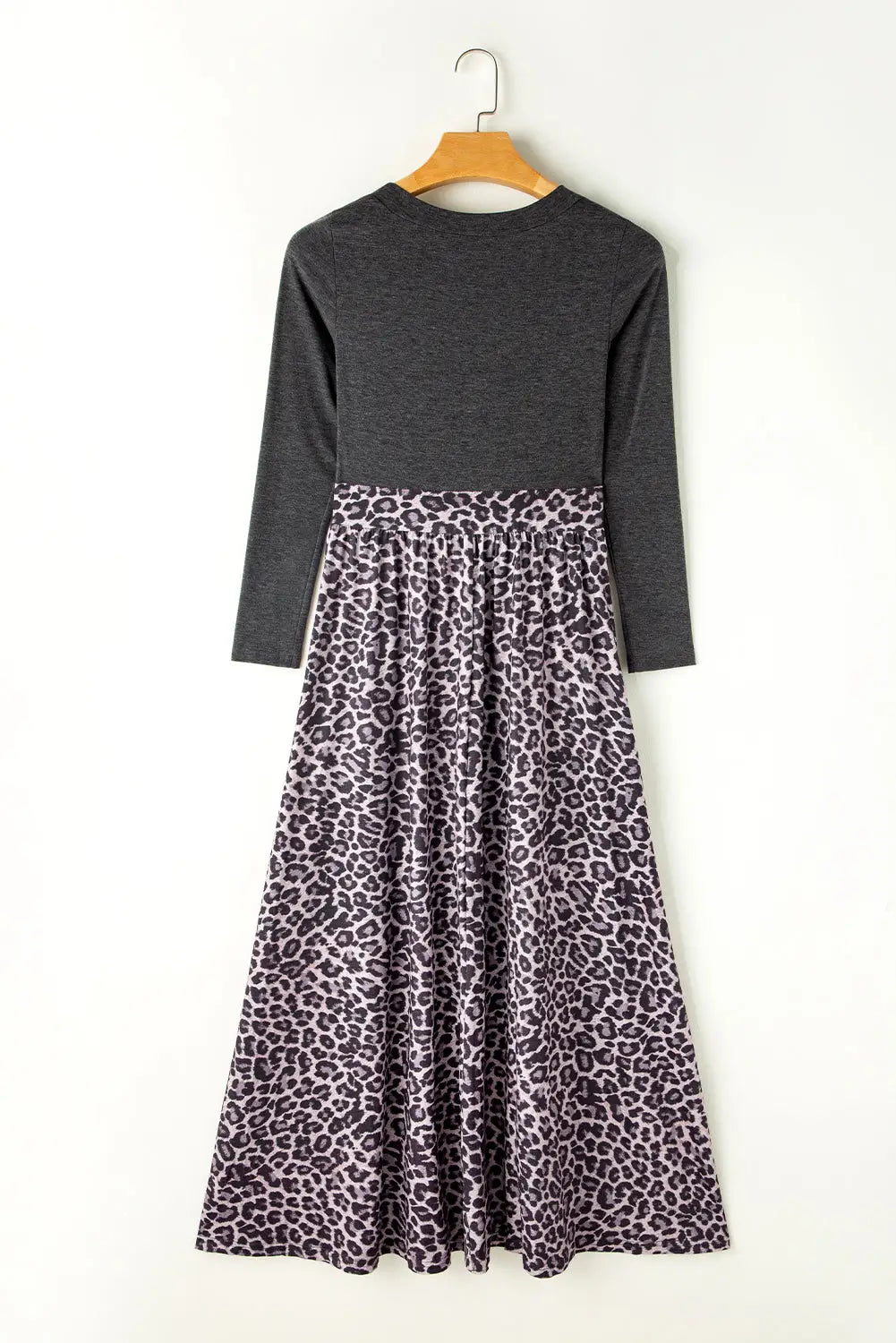 Black long sleeve fitted bodice leopard maxi dress - dresses