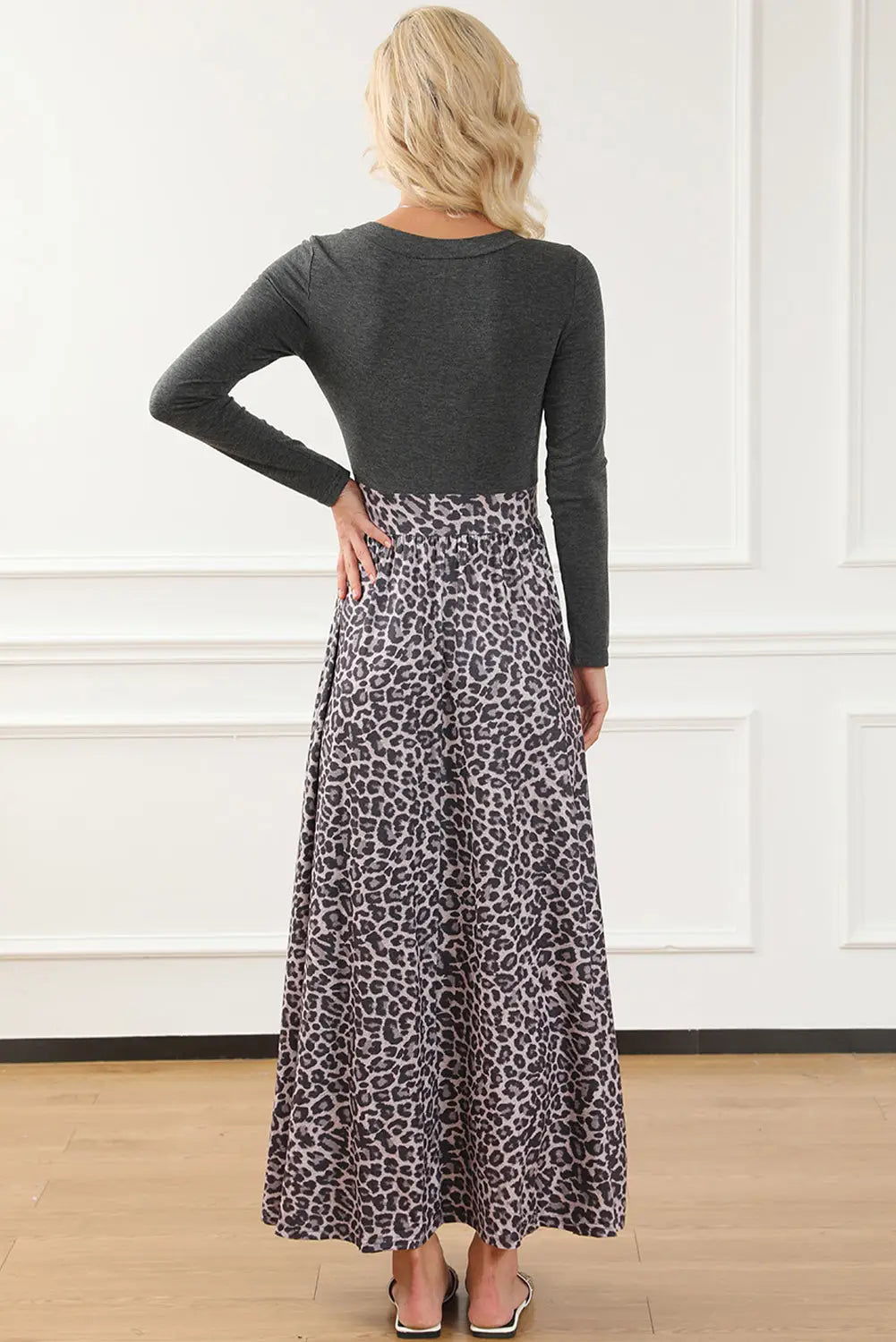 Black long sleeve fitted bodice leopard maxi dress - dresses