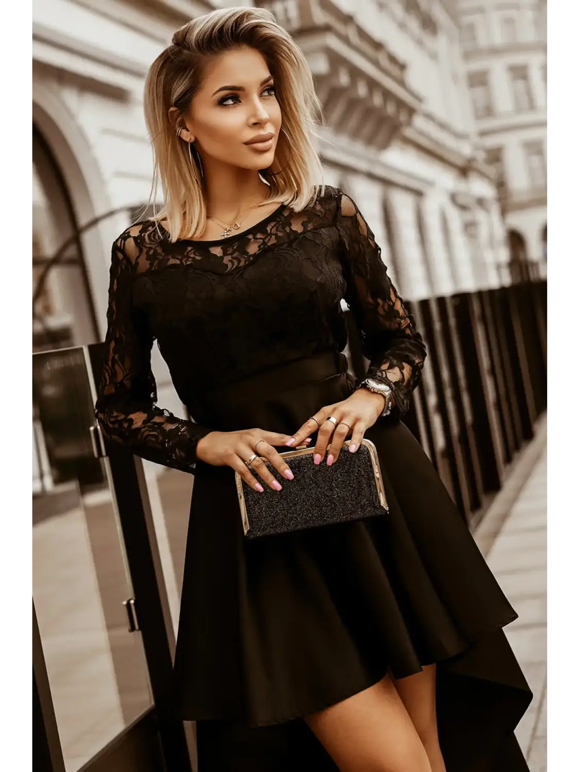 Black long sleeve lace high low satin prom dress - evening dresses