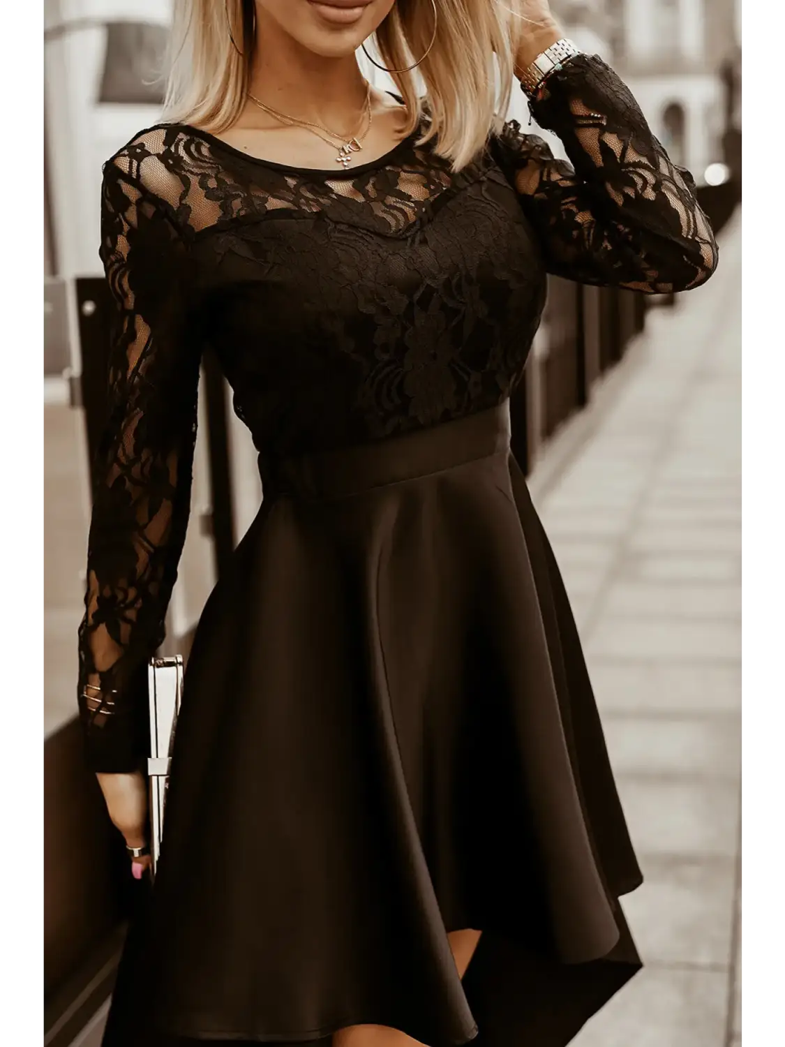 Black long sleeve lace high low satin prom dress - evening dresses