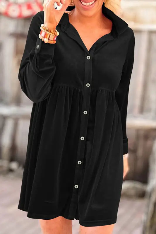 Black long sleeve ruffle velvet button up dress - mini dresses