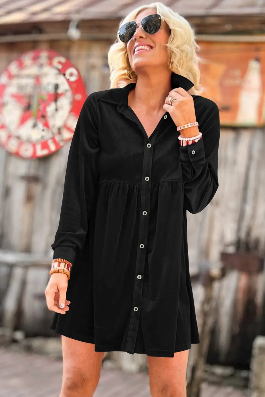 Black long sleeve ruffle velvet button up dress - mini dresses