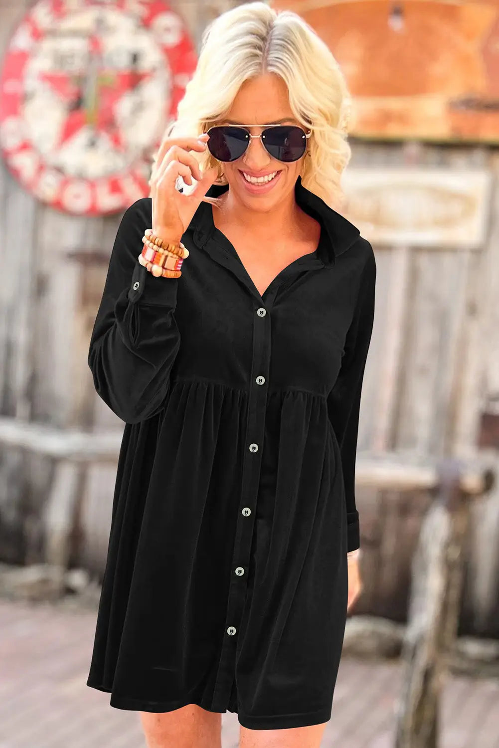 Black long sleeve ruffle velvet button up dress - dresses