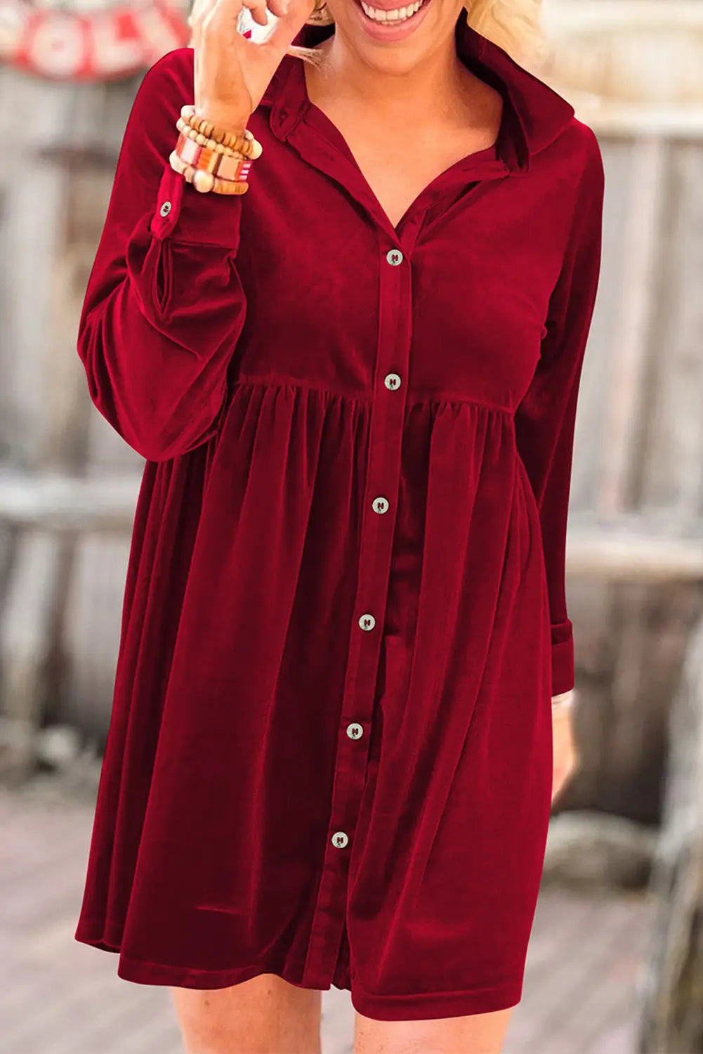 Black long sleeve ruffle velvet button up dress - red / s /