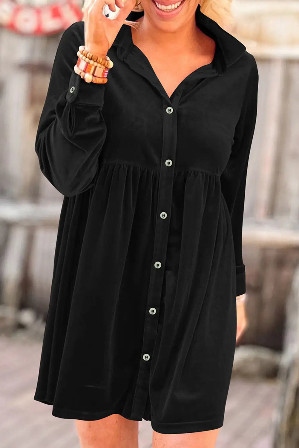 Black long sleeve ruffle velvet button up dress - s / 95% polyester + 5% elastane - mini dresses