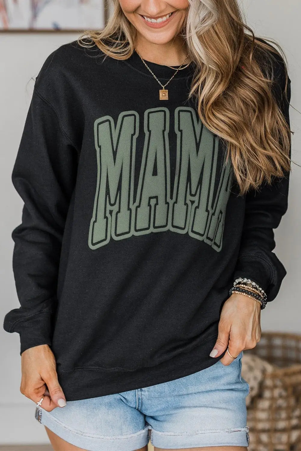Black mama varsity crew neck sweatshirt - s / 65% polyester + 35% cotton - sweatshirts & hoodies