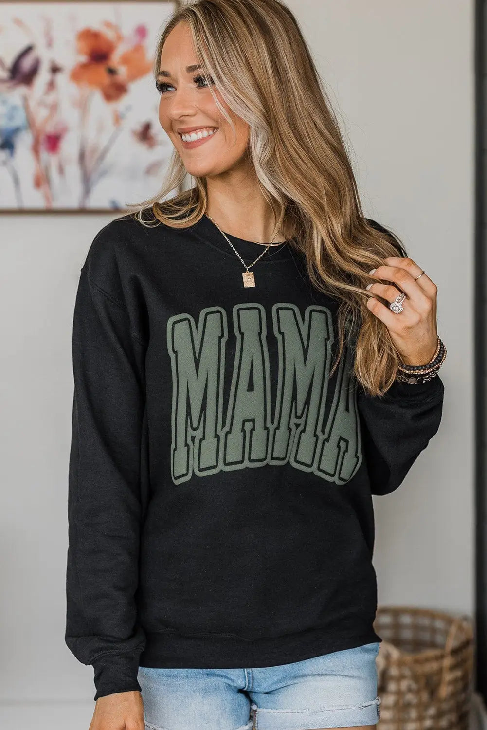 Black mama varsity crew neck sweatshirt - tops