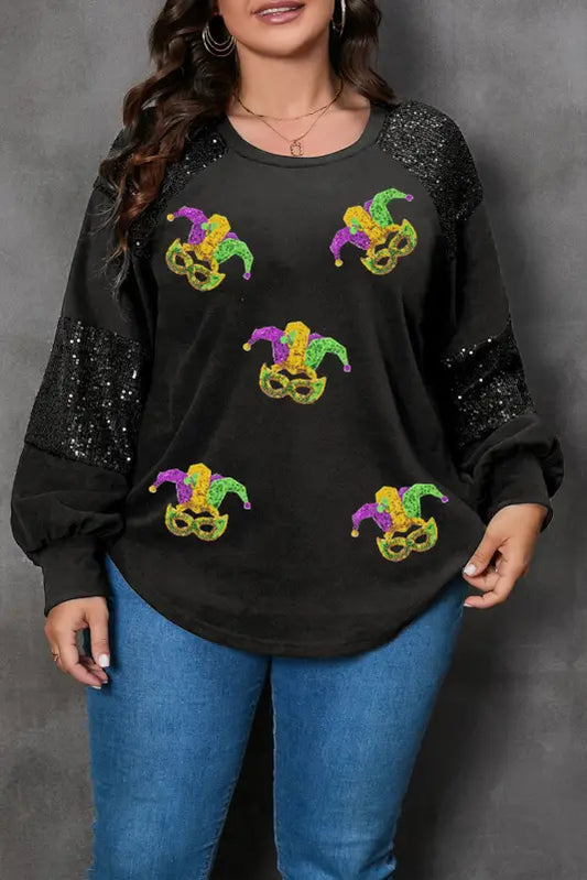 Black mardi gras mask plus size sequin sleeve top - graphic