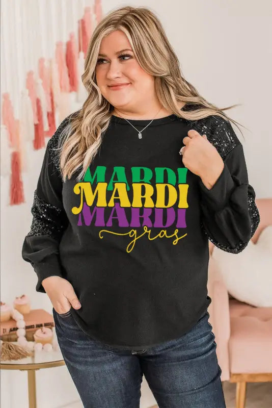 Black mardi gras mask plus size sequin sleeve top - graphic