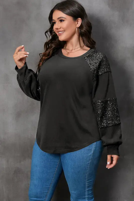 Black mardi gras mask plus size sequin sleeve top - graphic