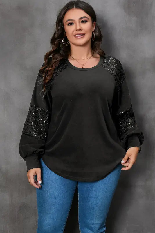 Black mardi gras mask plus size sequin sleeve top - black4 / 1x / 90% polyester + 10% elastane - graphic