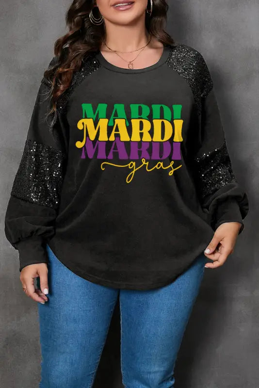 Black mardi gras mask plus size sequin sleeve top - graphic