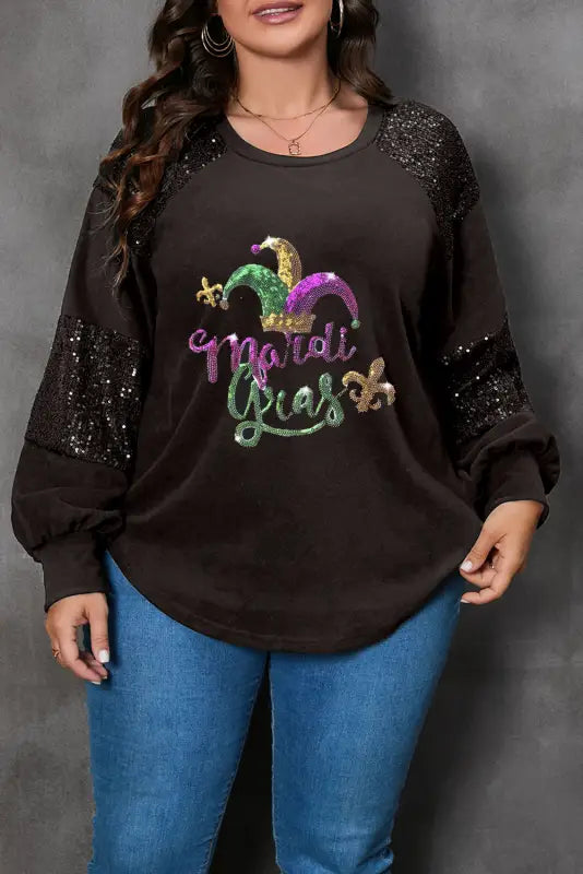 Black mardi gras mask plus size sequin sleeve top - graphic