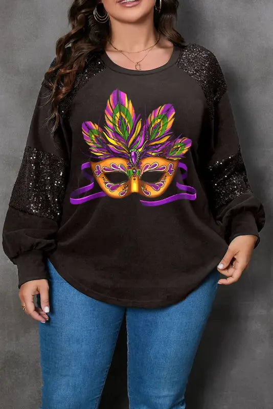 Black mardi gras mask plus size sequin sleeve top - graphic