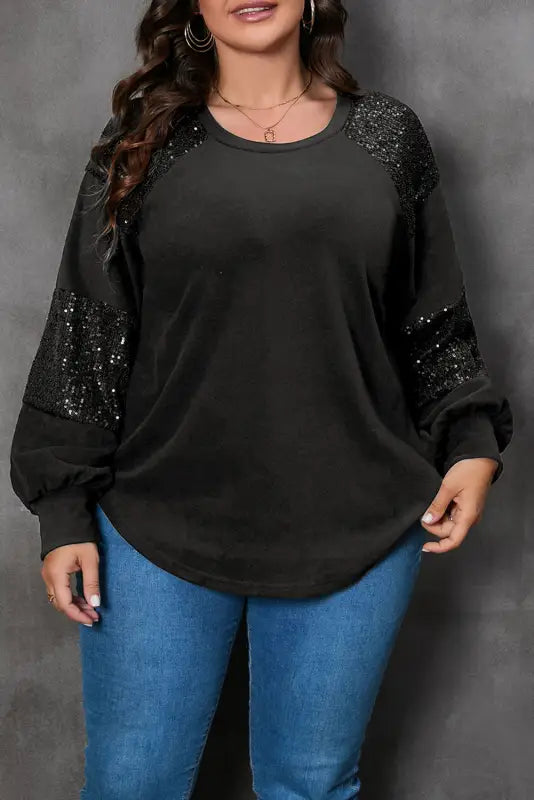 Black mardi gras mask plus size sequin sleeve top - graphic