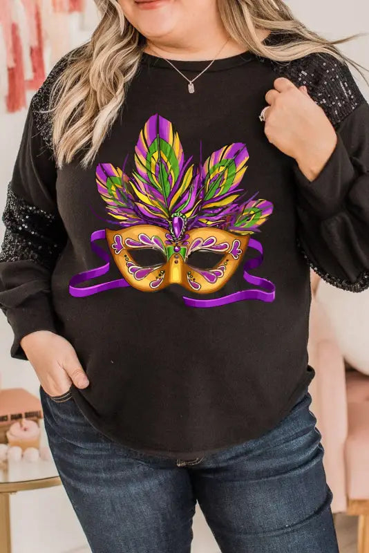 Black mardi gras mask plus size sequin sleeve top - graphic