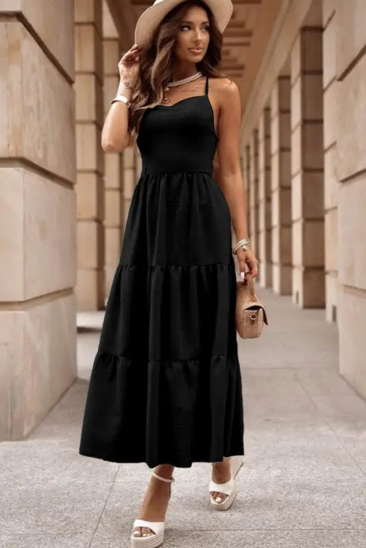 Black maxi dress - crossover backless bodice tiered - dresses