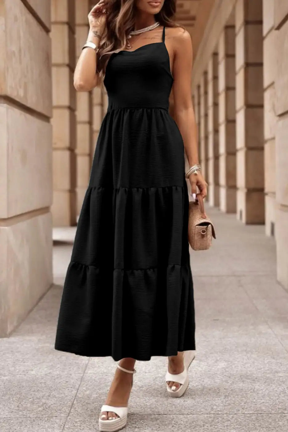 Black maxi dress - crossover backless bodice tiered - s / 100% polyester - dresses
