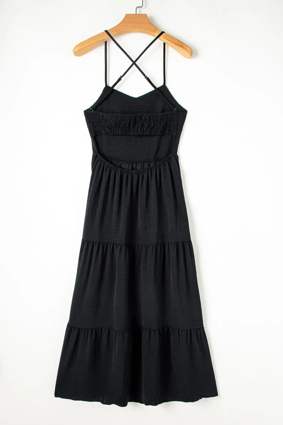 Black maxi dress - crossover backless bodice tiered - dresses