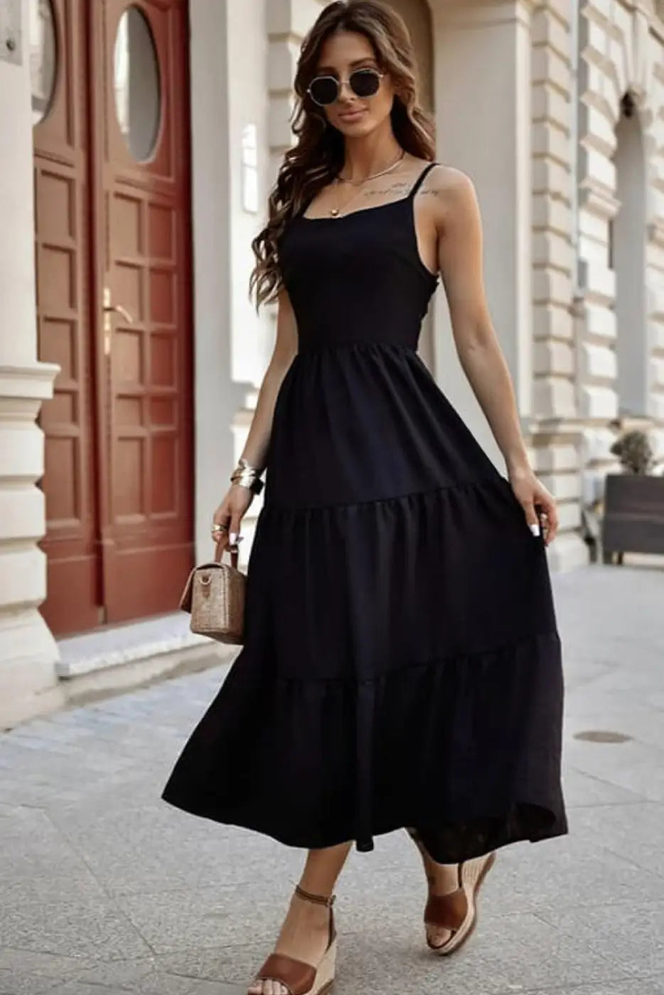 Black maxi dress - crossover backless bodice tiered - dresses