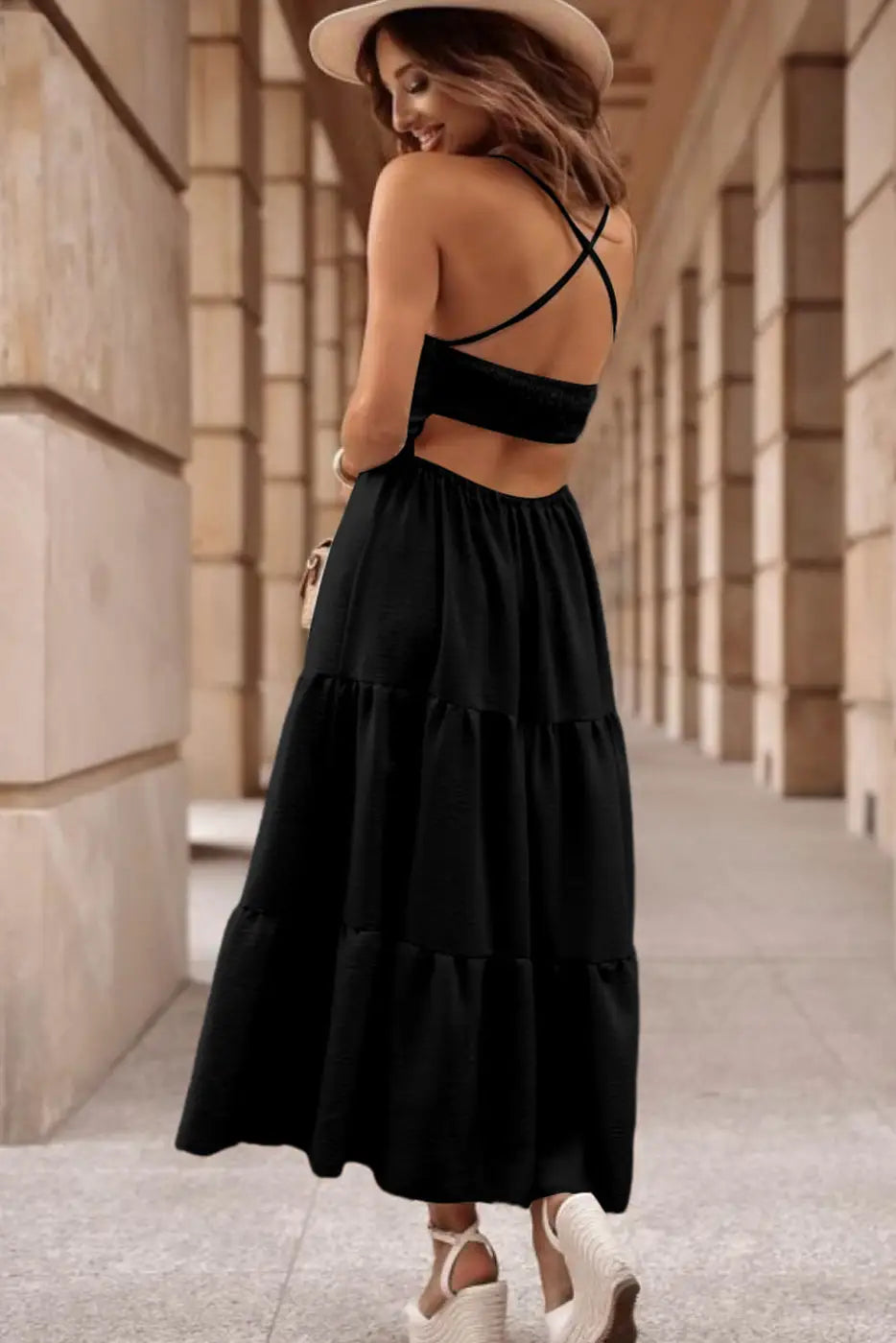 Black maxi dress - crossover backless bodice tiered - dresses