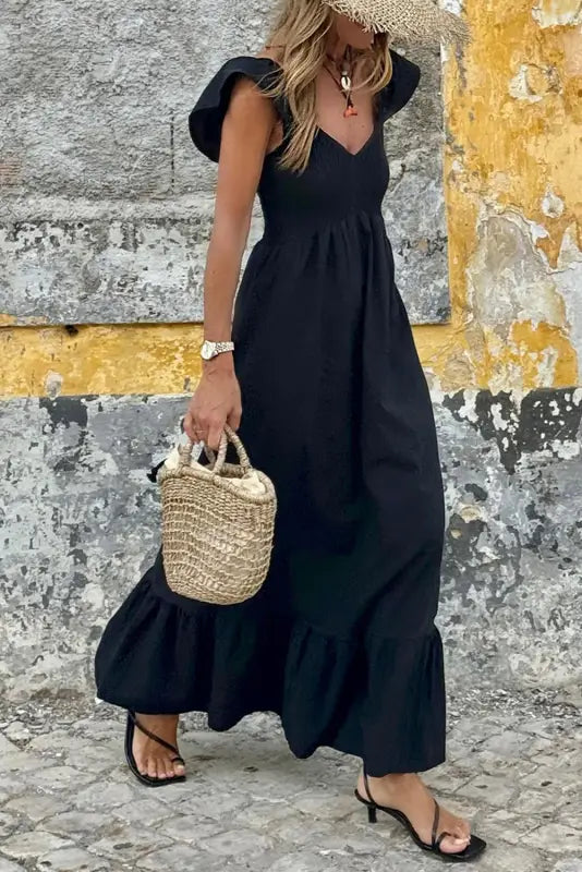 Black maxi dress - flutter sleeve smocked bodice