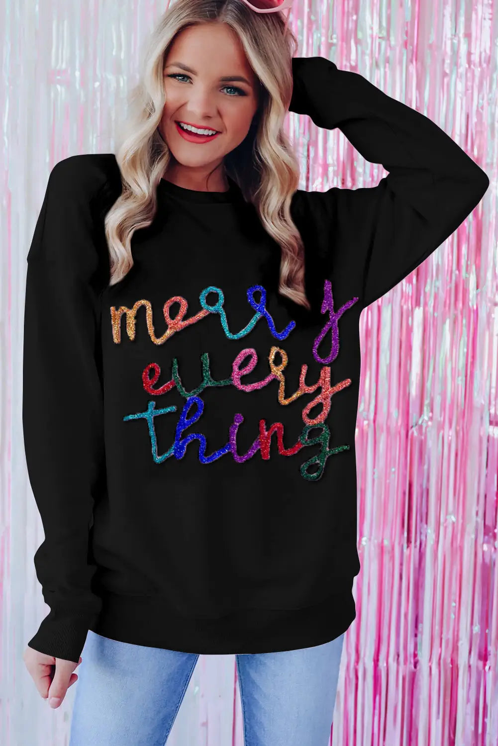 Black merry every thing glitter slogan sweatshirt - tops