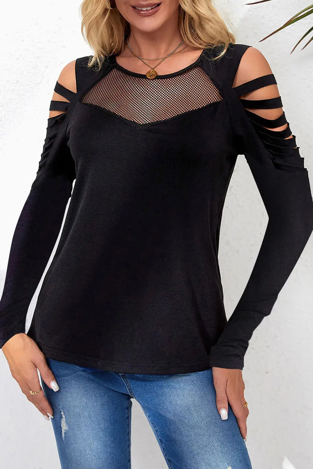 Black mesh patch ripped long sleeve top - s / 65% polyester + 30% viscose + 5% elastane - tops