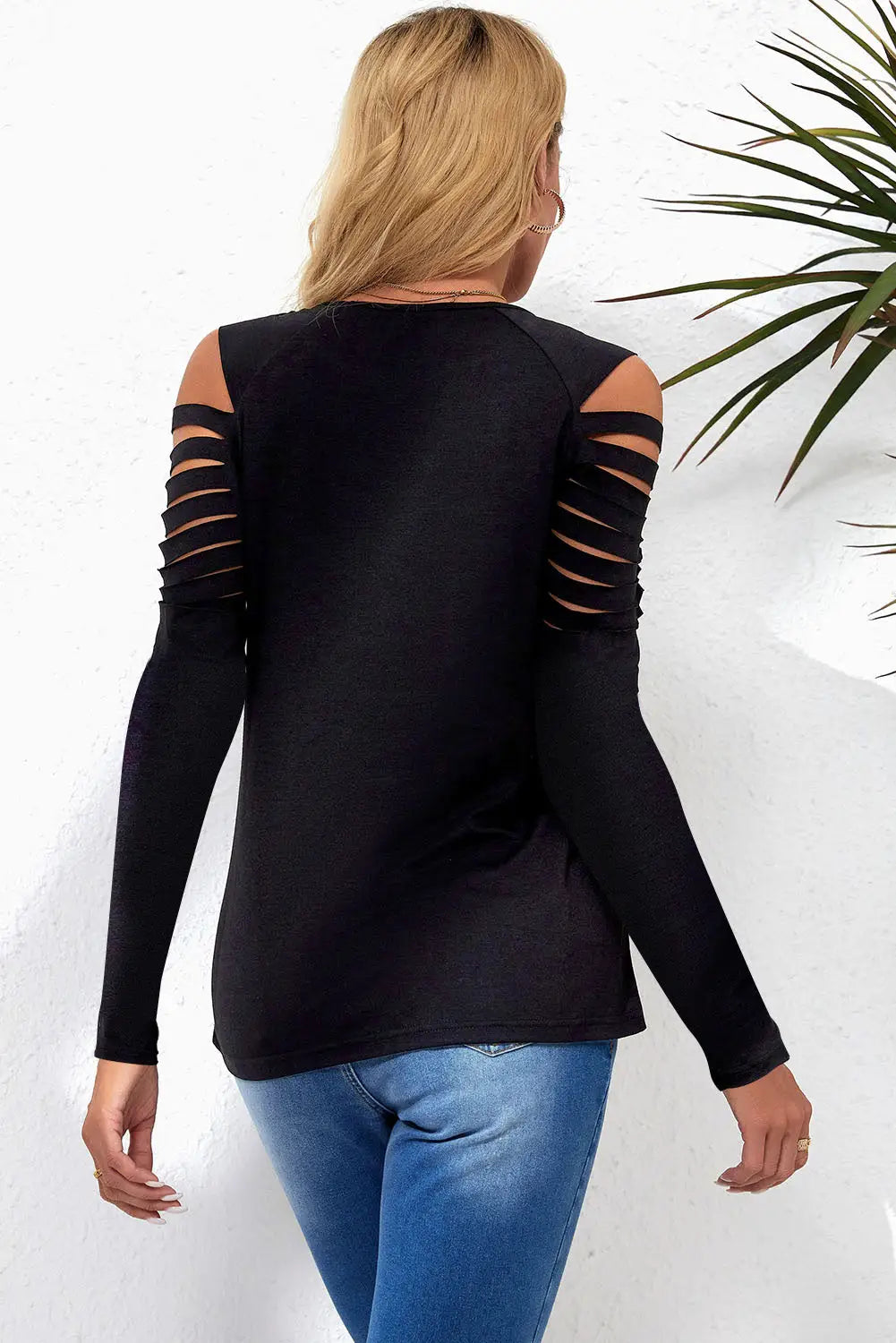 Black mesh patch ripped long sleeve top - tops