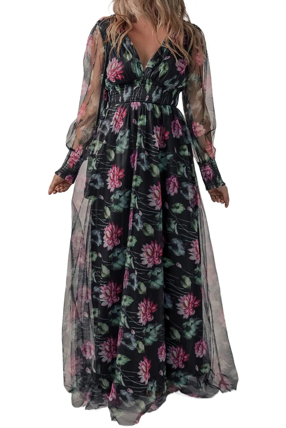 Black mesh sheer shirred high waist floral maxi dress -