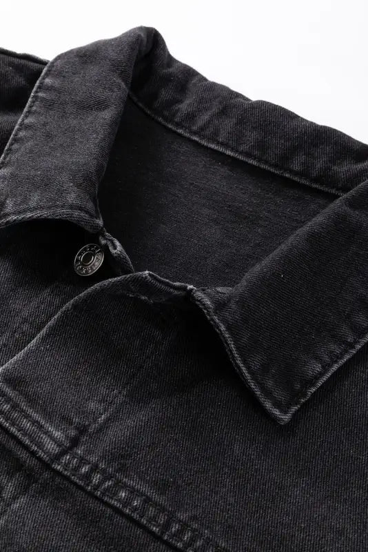 Black metal buttons flap pocket drop shoulder denim jacket - outerwear