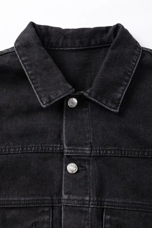 Black metal buttons flap pocket drop shoulder denim jacket - outerwear