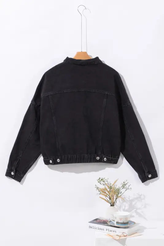 Black metal buttons flap pocket drop shoulder denim jacket - outerwear