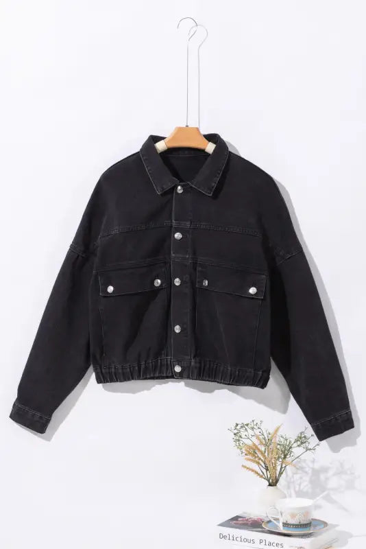 Black metal buttons flap pocket drop shoulder denim jacket - outerwear