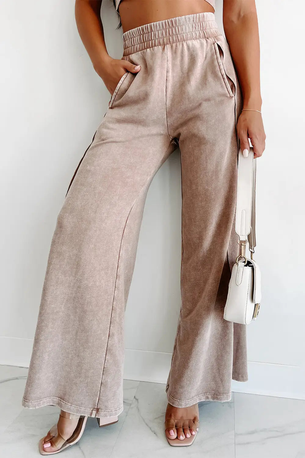 Black mineral wash smocked waistband wide leg pants - pale chestnut / l / 65% polyester + 35% cotton