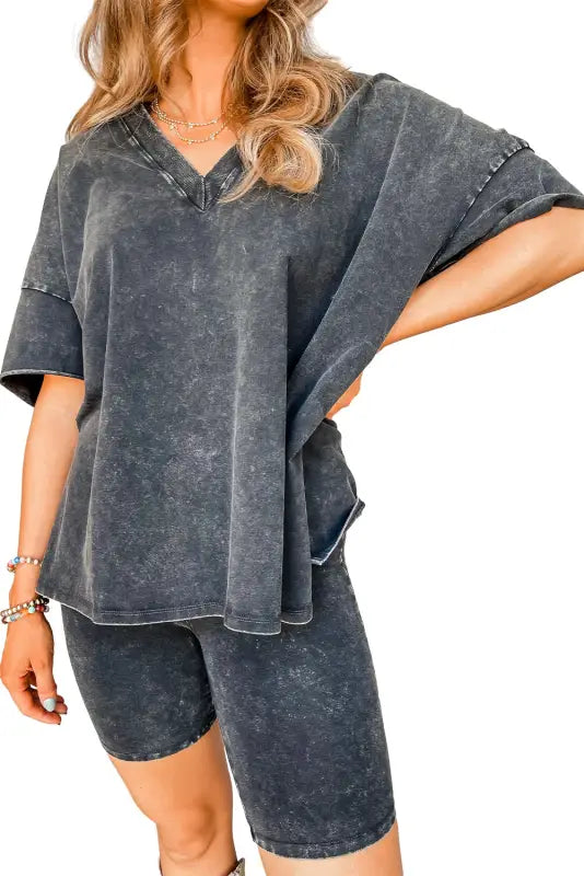 Black mineral washed oversized t shirt and shorts set - sets