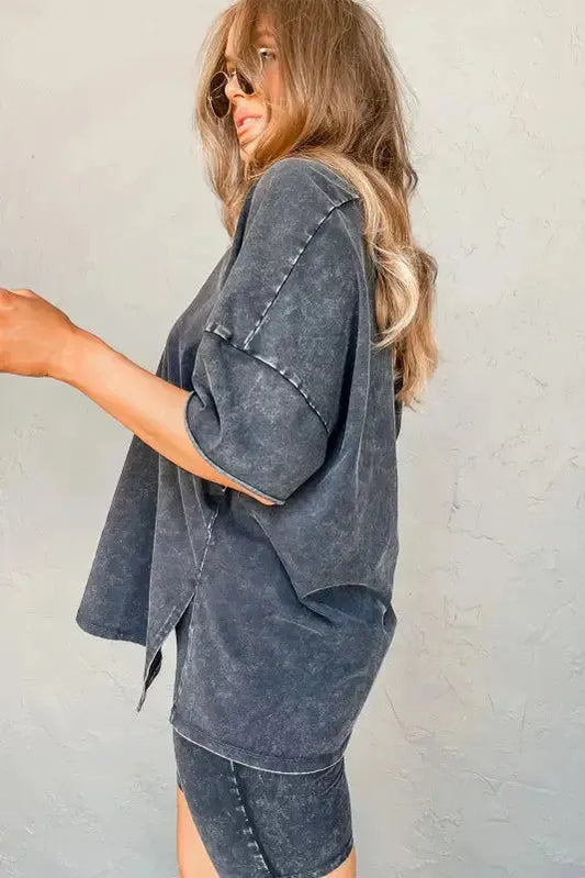 Black Mineral Washed Oversized T Shirt and Shorts Set - Fashionfitz