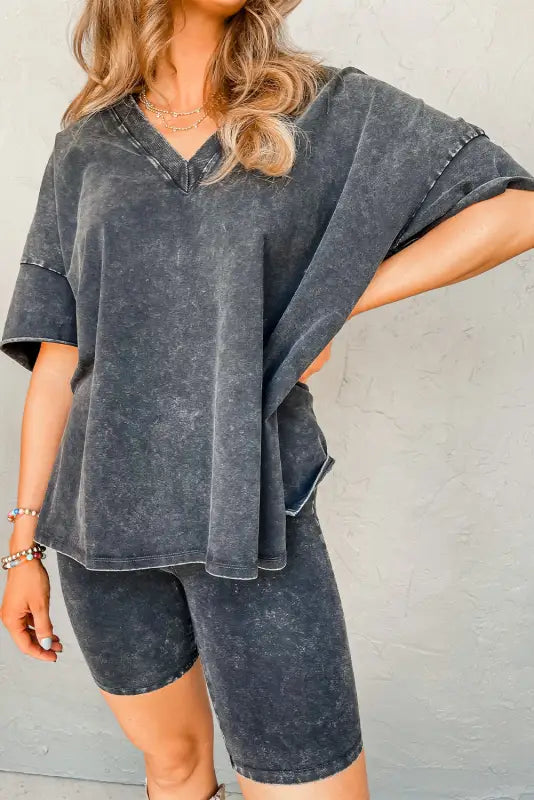 Black mineral washed oversized t shirt and shorts set - l / 85% cotton + 15% polyester - sets