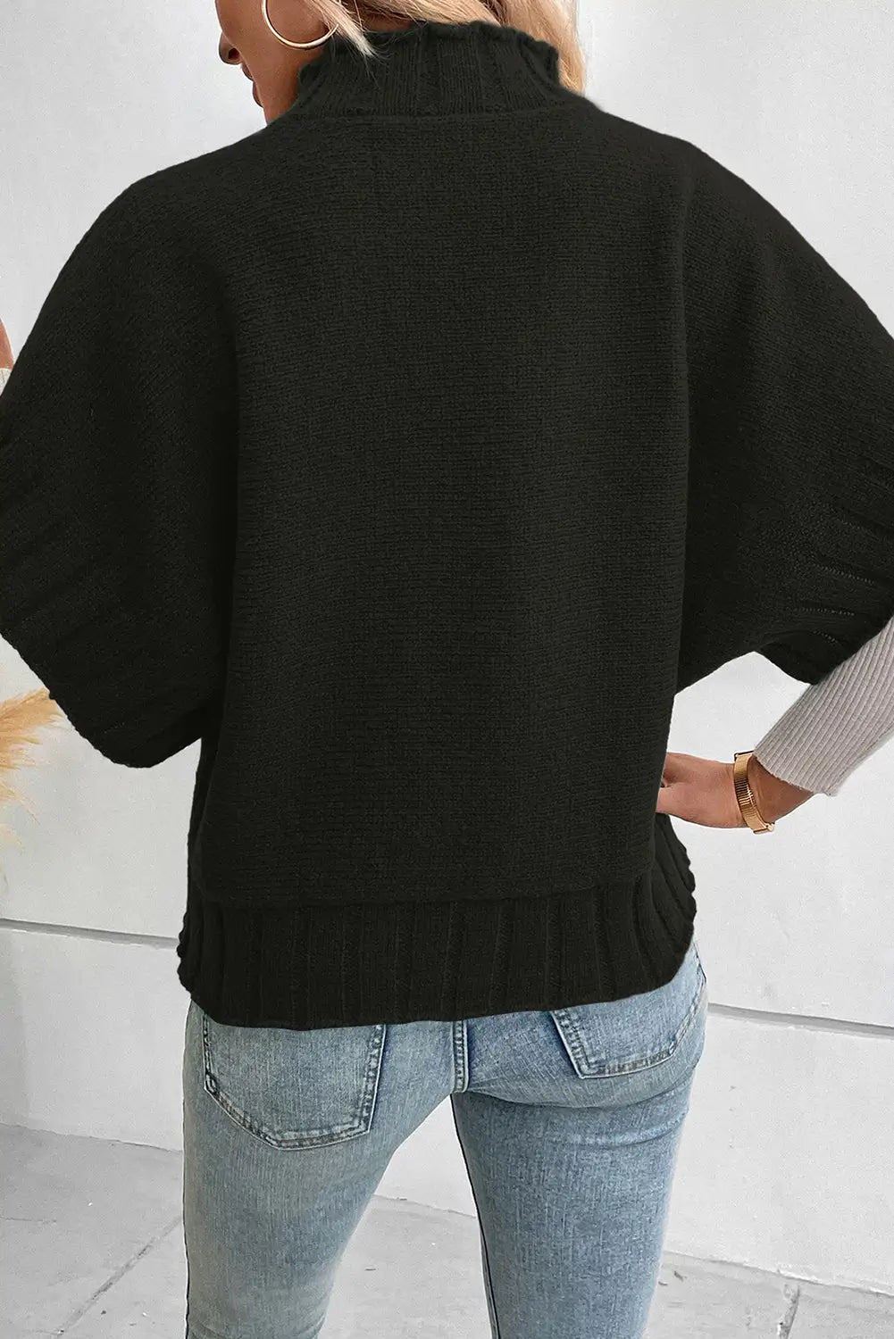 Black mock neck batwing short sleeve knit sweater - sweaters & cardigans