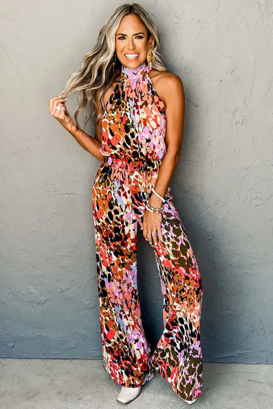 Black multicolor leopard print halter tank top and pants set - sets