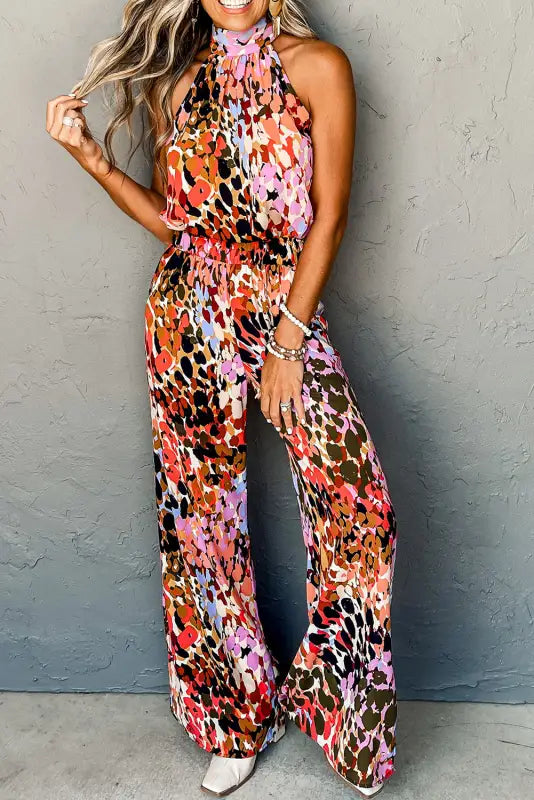 Black multicolor leopard print halter tank top and pants set - l / 100% polyester - sets