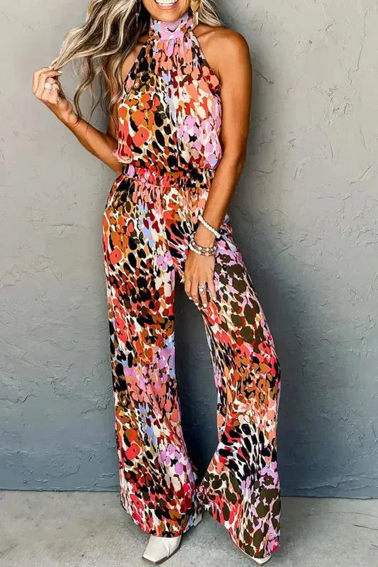 Black Multicolor Leopard Print Halter Tank Top and Pants Set - Fashionfitz